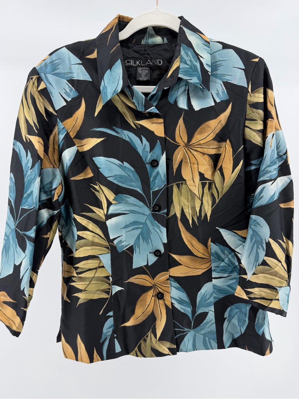 Vintage SilkLand 100% Silk Black Leaf Print Button-Down Top, Women's 10